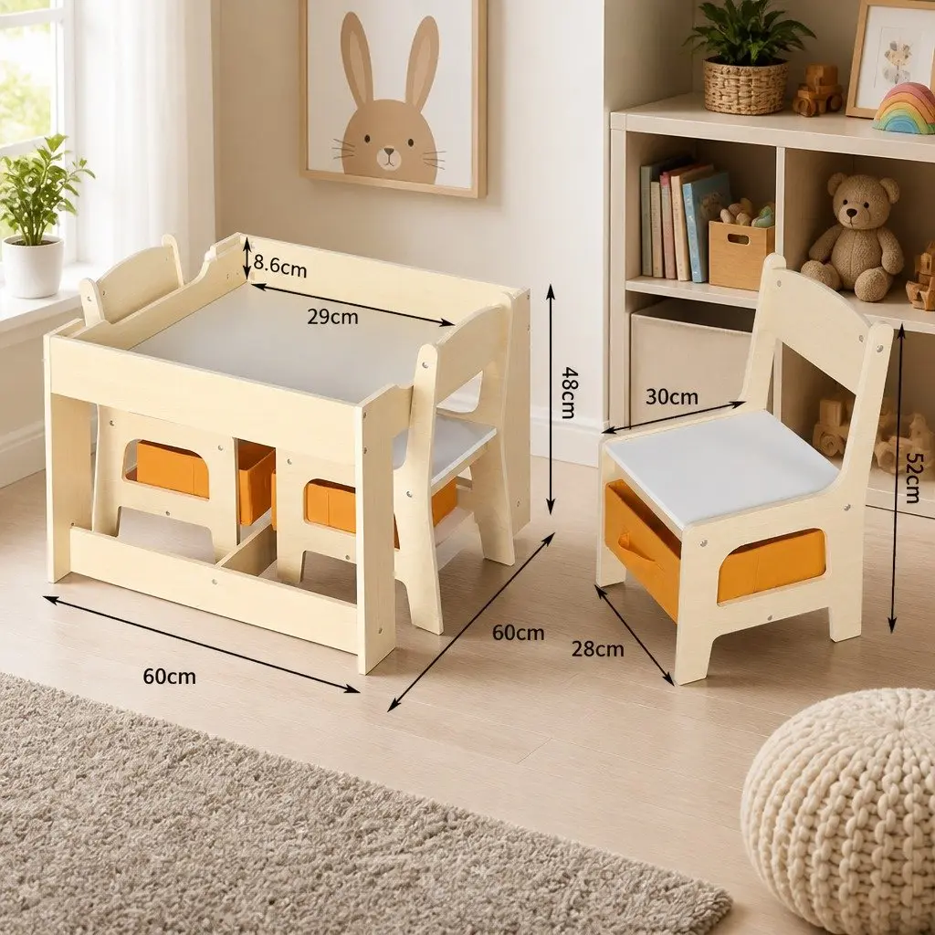 Kids Table and Chair Set Storage Blackboard Flip-Top 60cm White and Natural