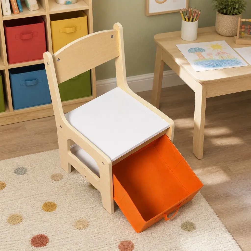Kids Table and Chair Set Storage Blackboard Flip-Top 60cm White and Natural