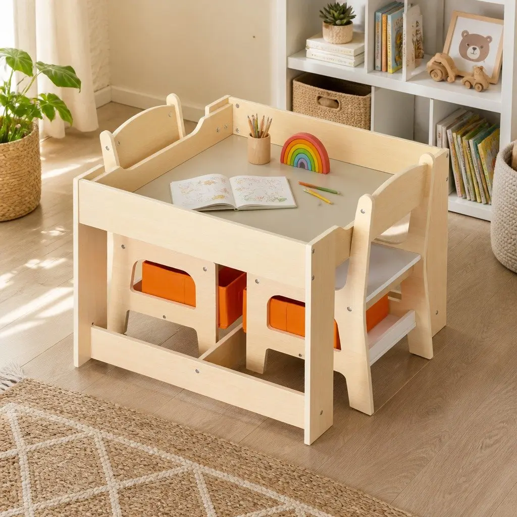 Kids Table and Chair Set Storage Blackboard Flip-Top 60cm White and Natural