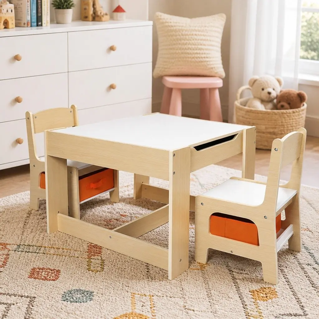 Kids Table and Chair Set Storage Blackboard Flip-Top 60cm White and Natural
