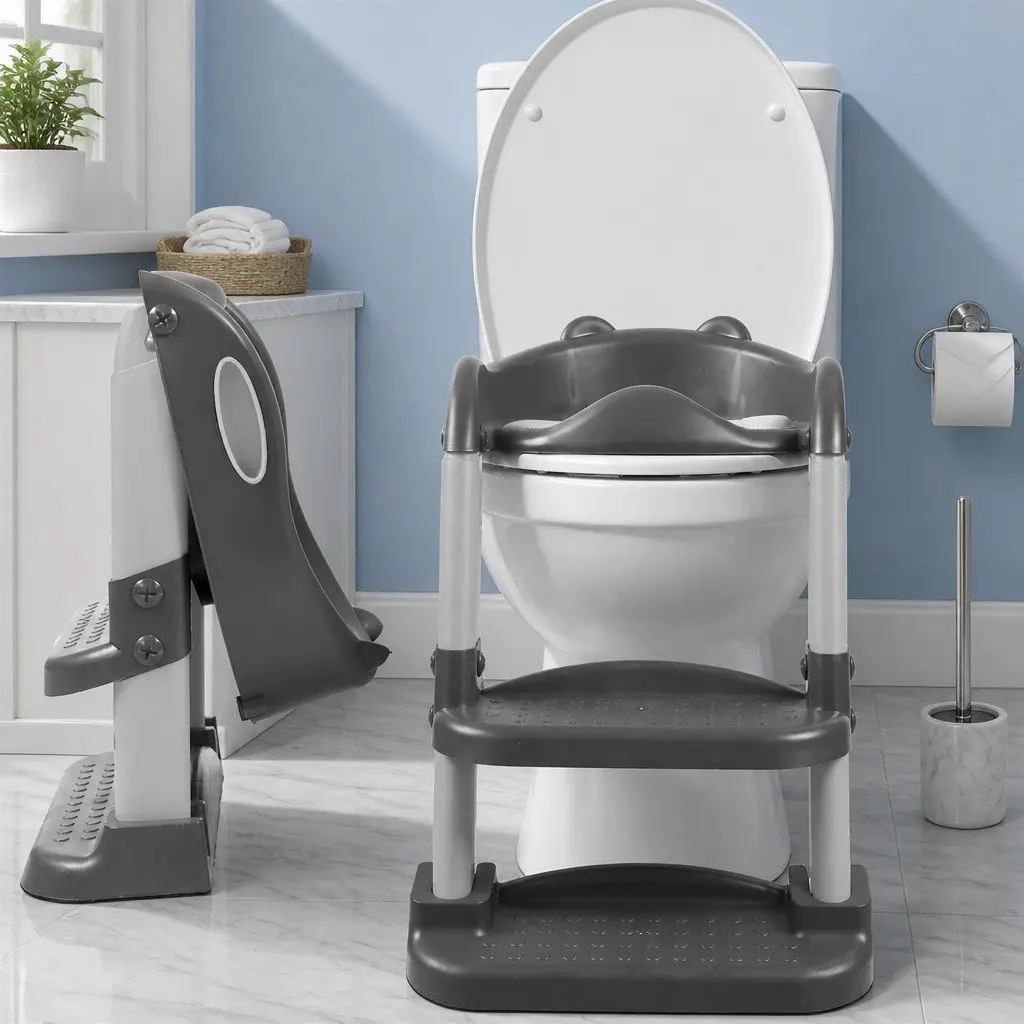 Kids Toilet Ladder Step Stool Seat Foldable Potty Training Toddler Grey