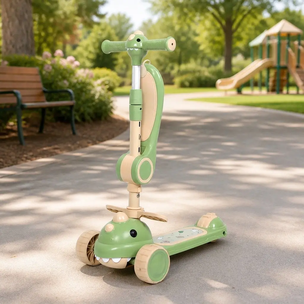 Foldable Kids Scooter with Flip-able Seat Adjustable Handlebar 3 Wheels Green