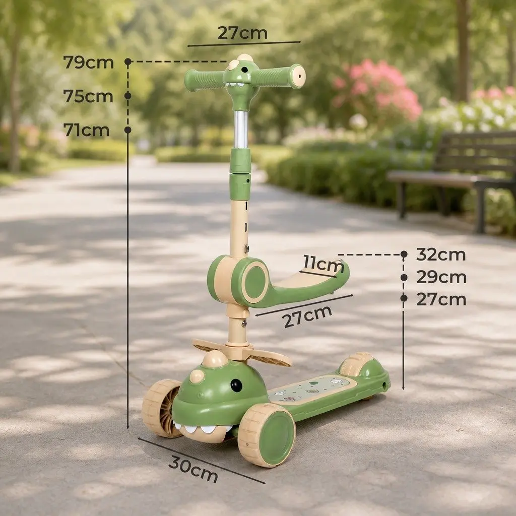 Foldable Kids Scooter with Flip-able Seat Adjustable Handlebar 3 Wheels Green