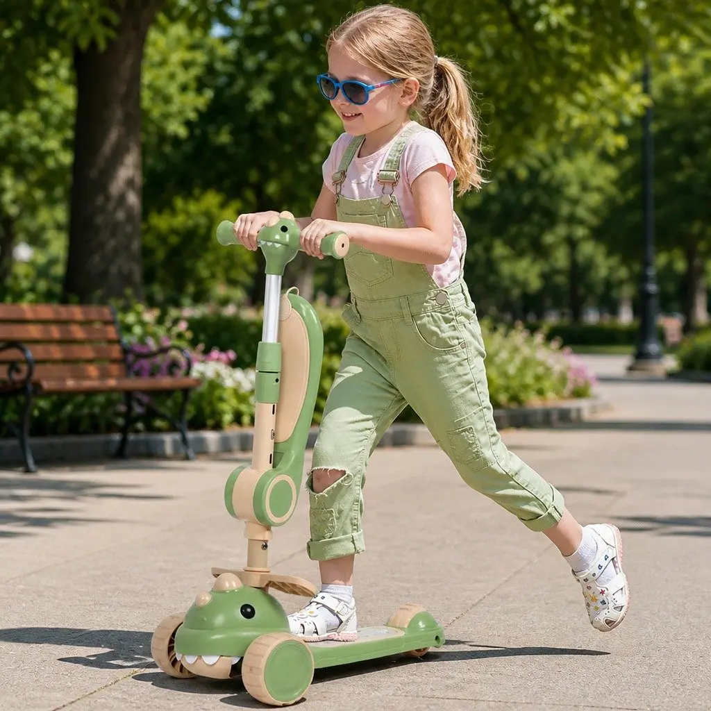 Foldable Kids Scooter with Flip-able Seat Adjustable Handlebar 3 Wheels Green