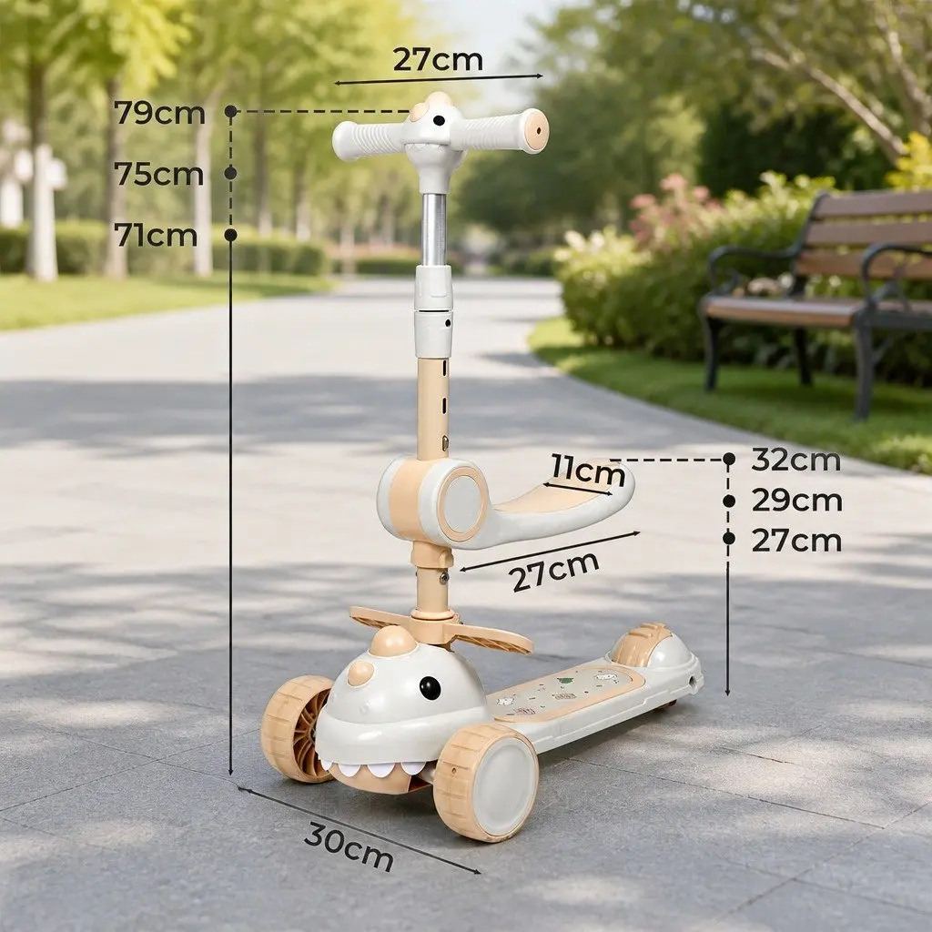 Kids Scooter Foldable Ride-on with Flip-able Seat 3 Wheels Adjustable Handlebar Beige