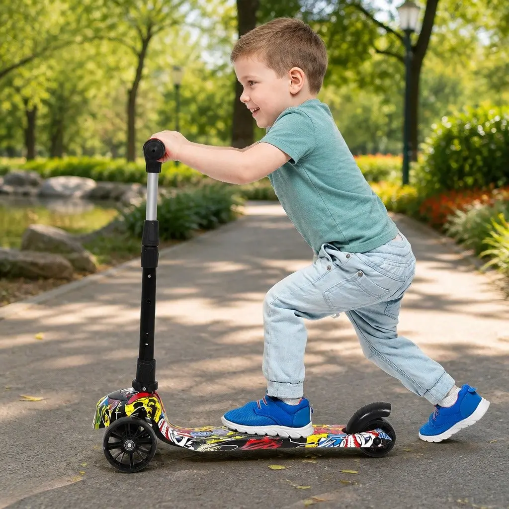 Kids Scooter 3 Wheel Adjustable Height Foldable Blue LED Light Up Wheels