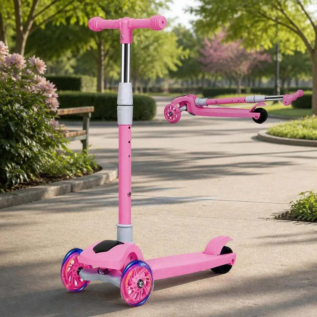 3 Wheel Kids Scooter Pink Foldable Adjustable Height LED Light Music for Toddlers