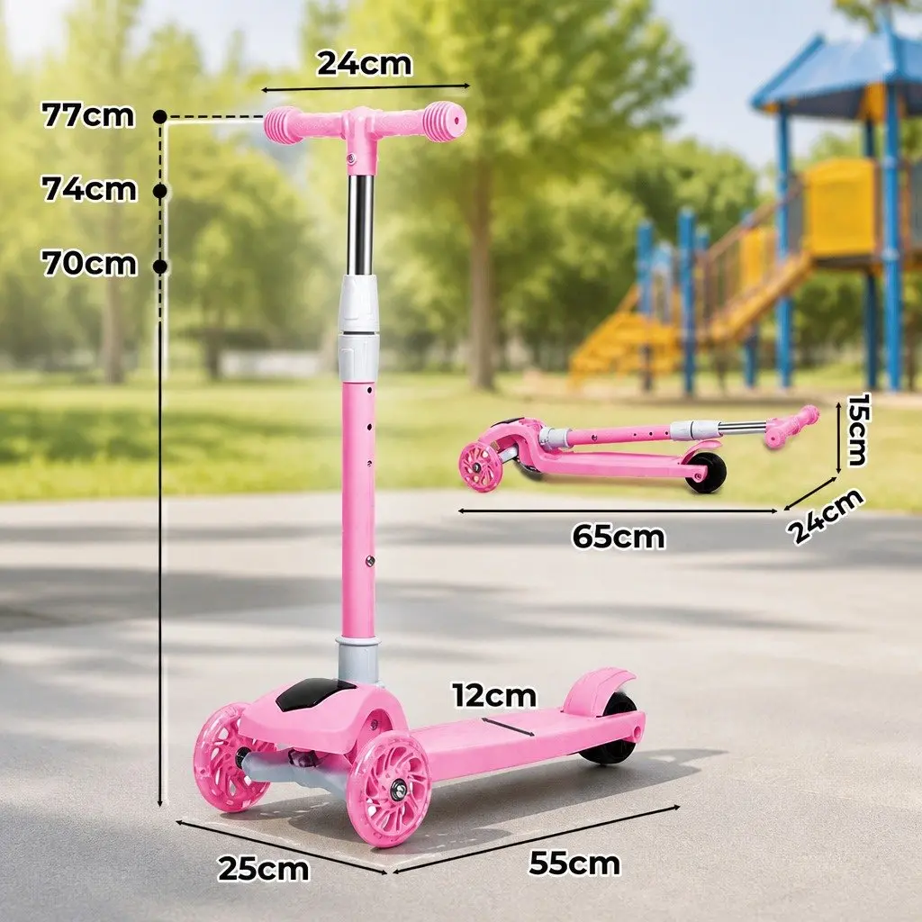 3 Wheel Kids Scooter Pink Foldable Adjustable Height LED Light Music for Toddlers