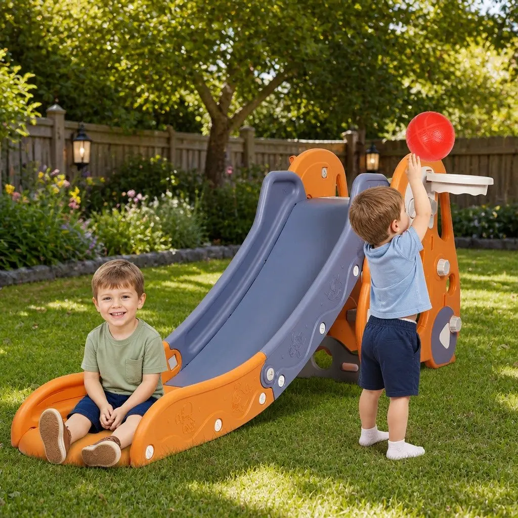 Kids 3-in-1 Slide Climber Basketball Hoop Play Center Indoor Playground Toddler