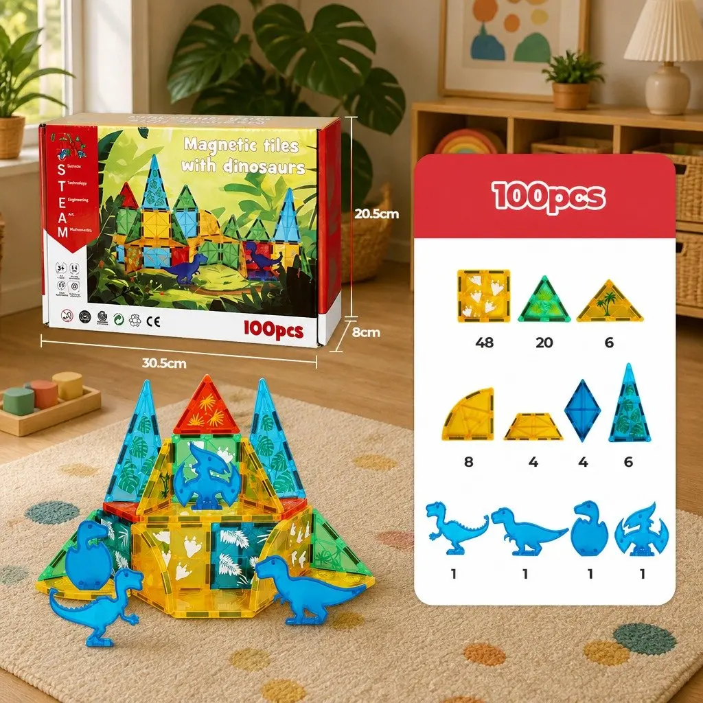 Kids Magnetic Tiles Blocks Dinosaur Themed Building Blocks Educational Play Toys