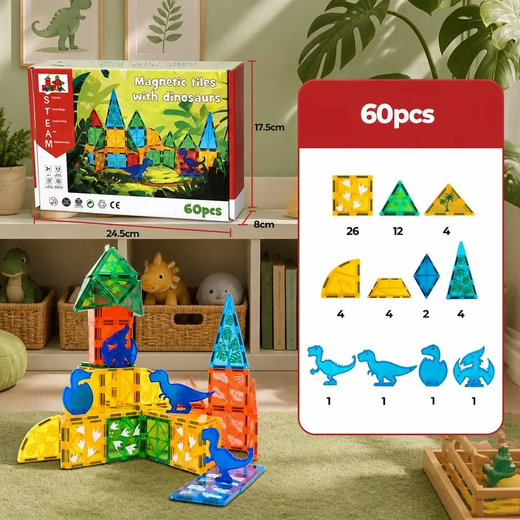 Magnetic Tiles Building Blocks Dinosaur Themed STEM Learning 60 Pieces Multi-colour