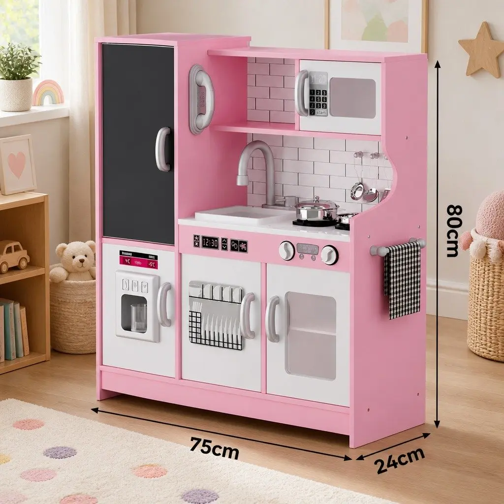 Wooden Kitchen Set Pretend Play Cooking Toy with Microwave Oven Sink Stove 75cm x 24cm x 80cm Pink