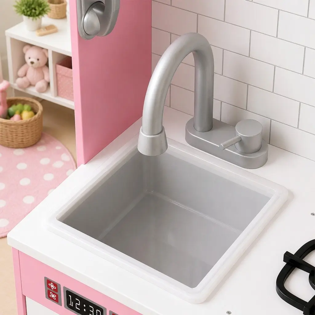 Wooden Kitchen Set Pretend Play Cooking Toy with Microwave Oven Sink Stove 75cm x 24cm x 80cm Pink