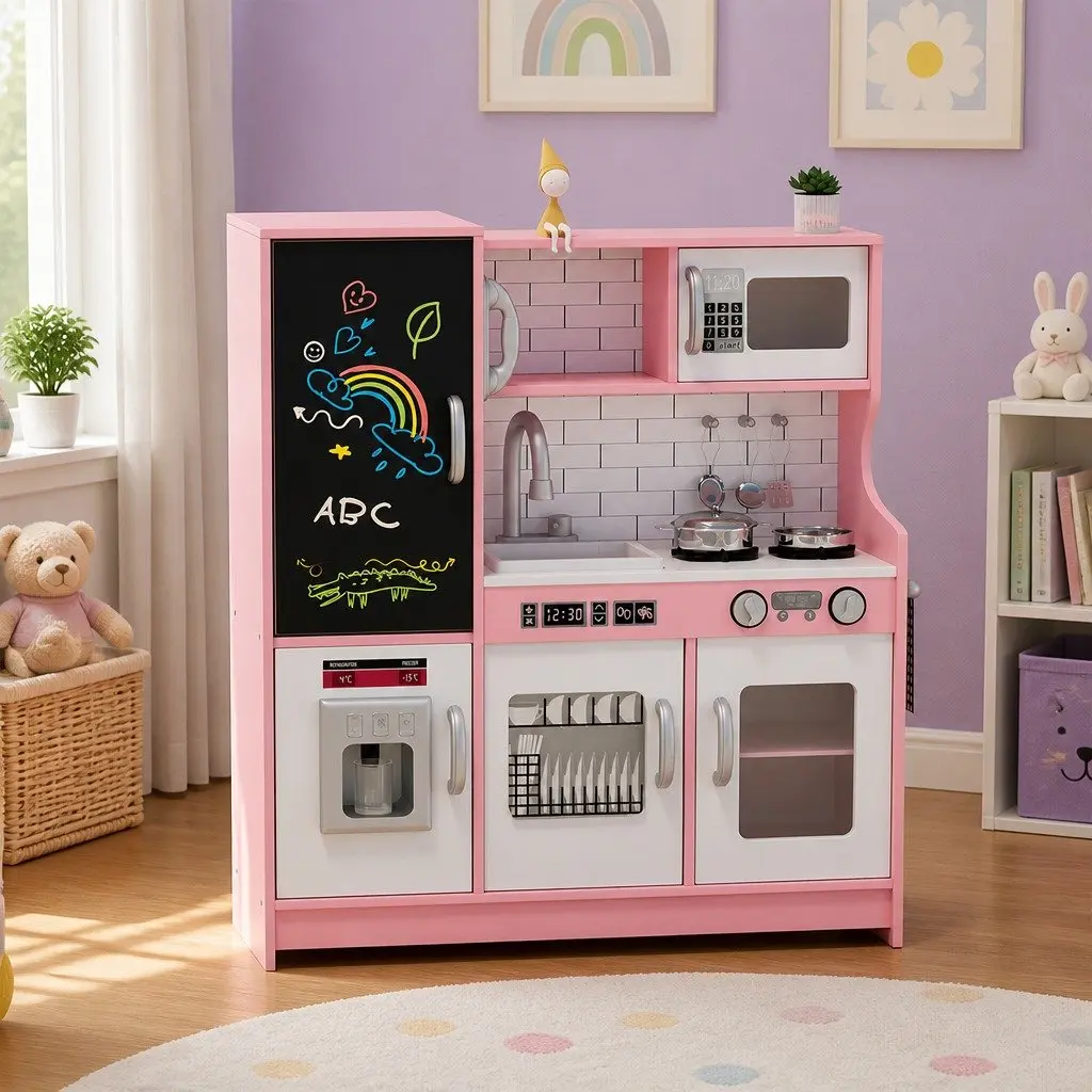 Wooden Kitchen Set Pretend Play Cooking Toy with Microwave Oven Sink Stove 75cm x 24cm x 80cm Pink