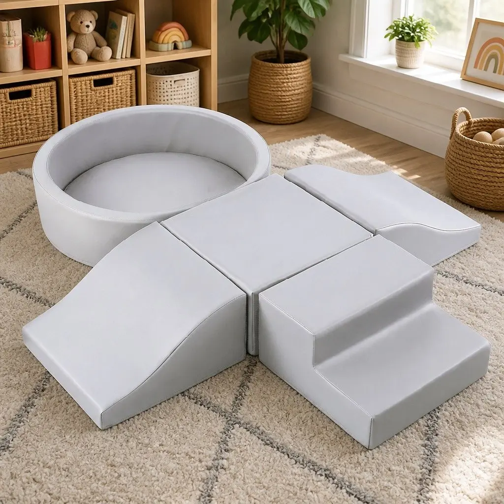 Foam Climbing Playset for Kids Indoor Fun Grey 7 Pieces Soft Play Encourages Balance Coordination and Imaginative Play