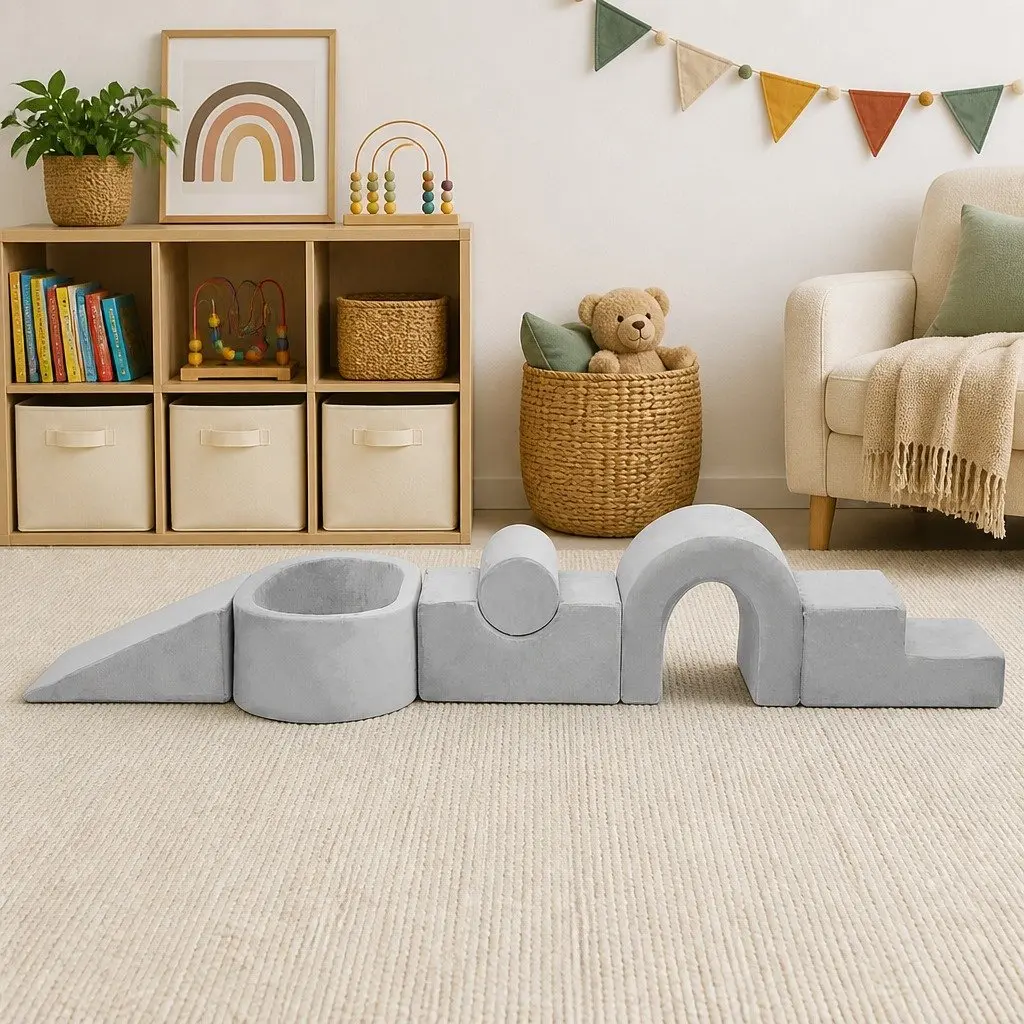 Kids Foam Blocks Play Set Indoor Soft Climb Crawl Slide Grey 6 Piece
