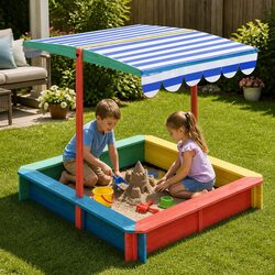 Kids Wooden Sandbox 120x120cm Outdoor Play Pit With UV Canopy Backyard Garden