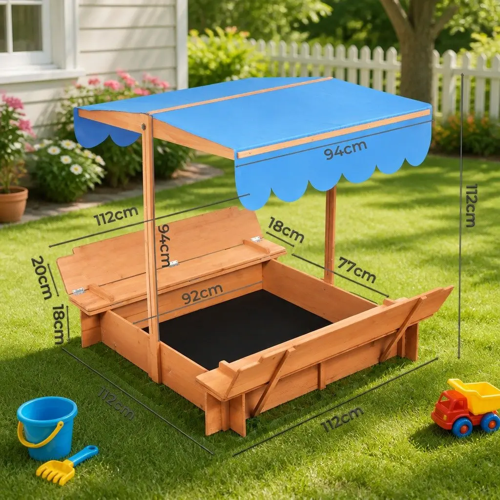 Kids Wooden Sandbox Outdoor Play with Adjustable Canopy Foldable Bench Seats Natural 112cm