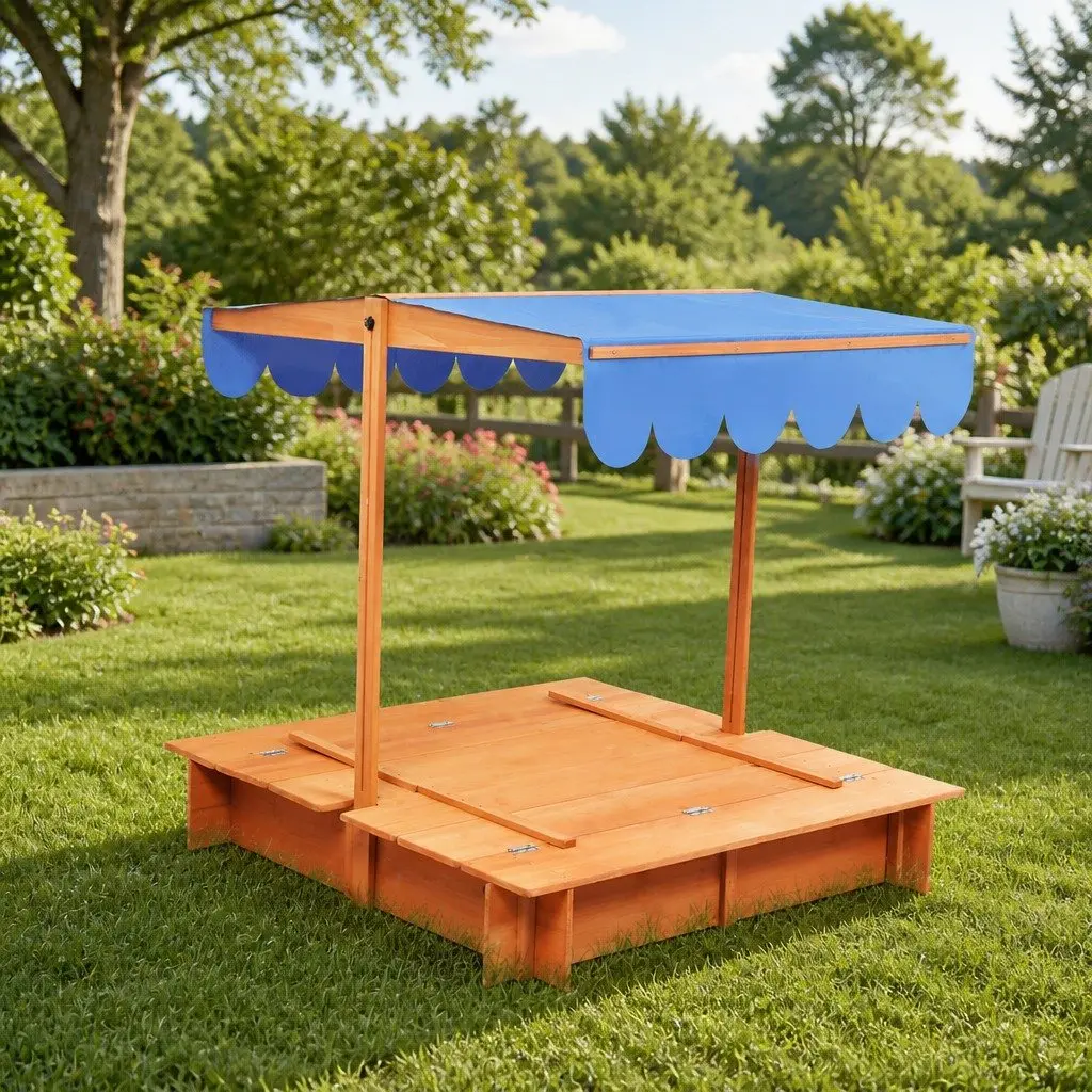 Kids Wooden Sandbox Outdoor Play with Adjustable Canopy Foldable Bench Seats Natural 112cm