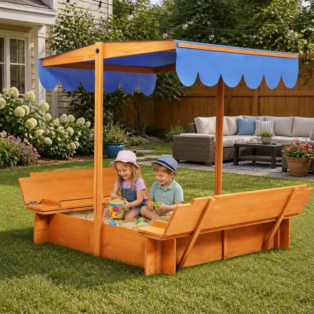 Kids Wooden Sandbox Outdoor Play with Adjustable Canopy Foldable Bench Seats Natural 112cm