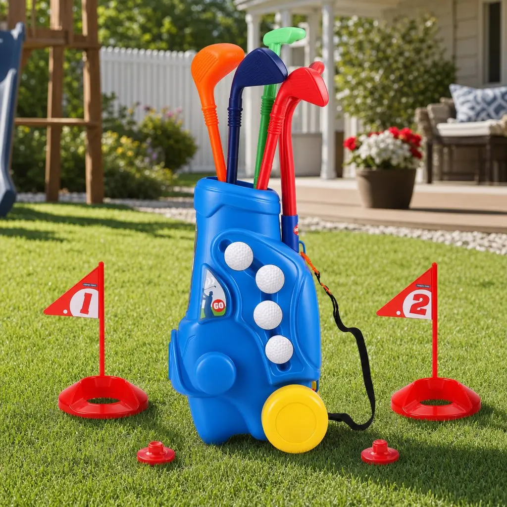 Kids Golf Set Indoor Outdoor Play 4 Clubs 4 Balls 2 Practice Holes Blue
