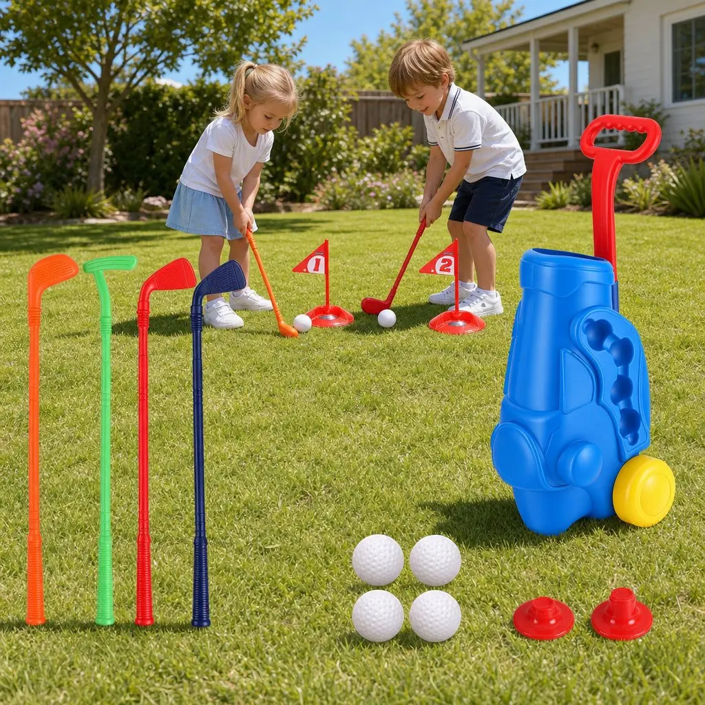 Kids Golf Set Indoor Outdoor Play 4 Clubs 4 Balls 2 Practice Holes Blue