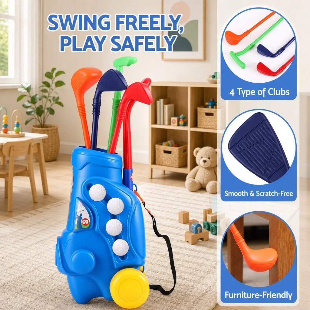 Kids Golf Set Indoor Outdoor Play 4 Clubs 4 Balls 2 Practice Holes Blue