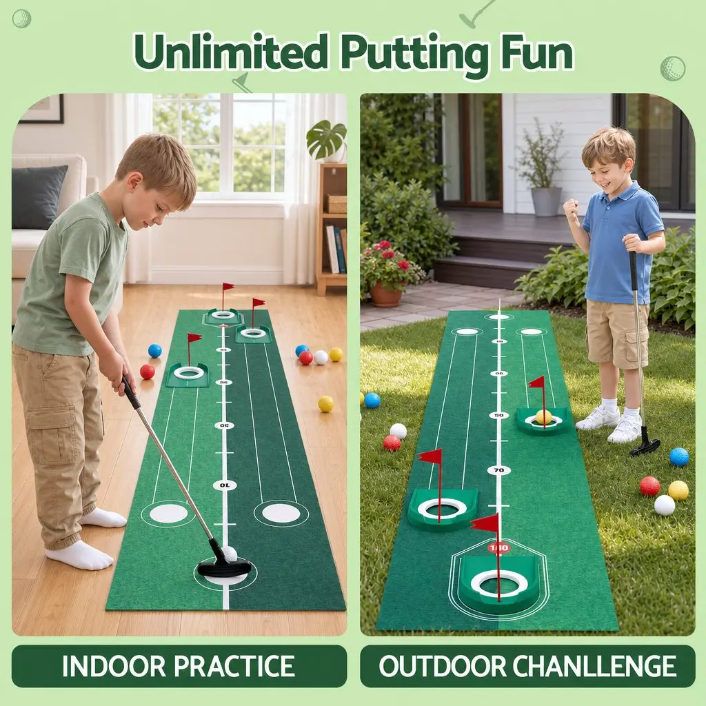 Kids Golf Putting Set Indoor Outdoor 2m Green Mat Club 12 Balls 3 Target Holes