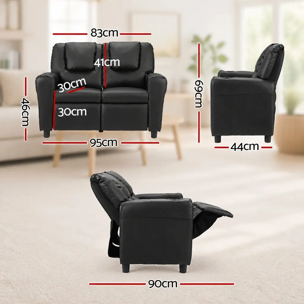 Kids Recliner Chair PU Leather Sofa Lounge Couch Armchair Black Furniture