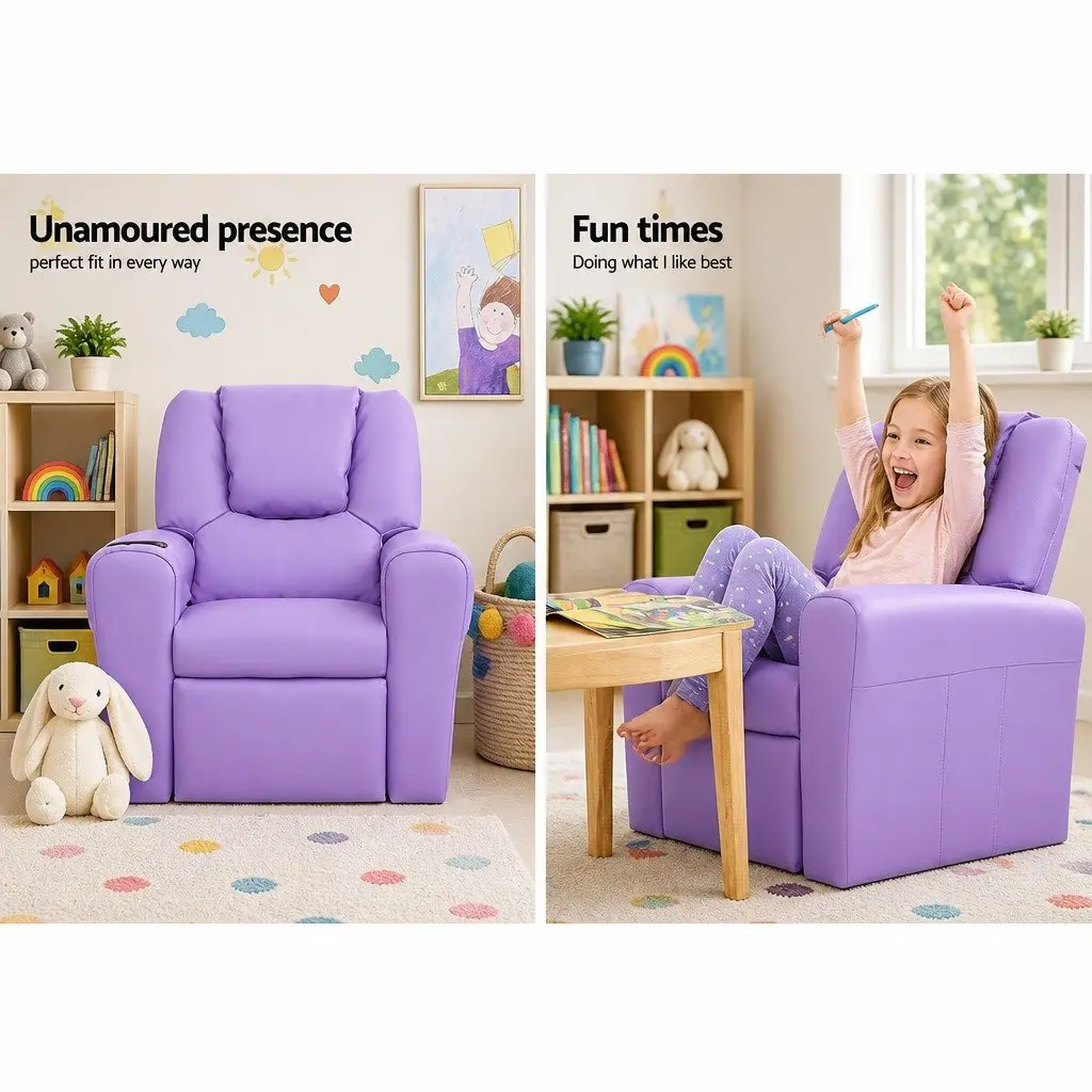 Kids Recliner Chair Purple PU Leather Sofa Lounge Couch 65 x 42 x 61cm