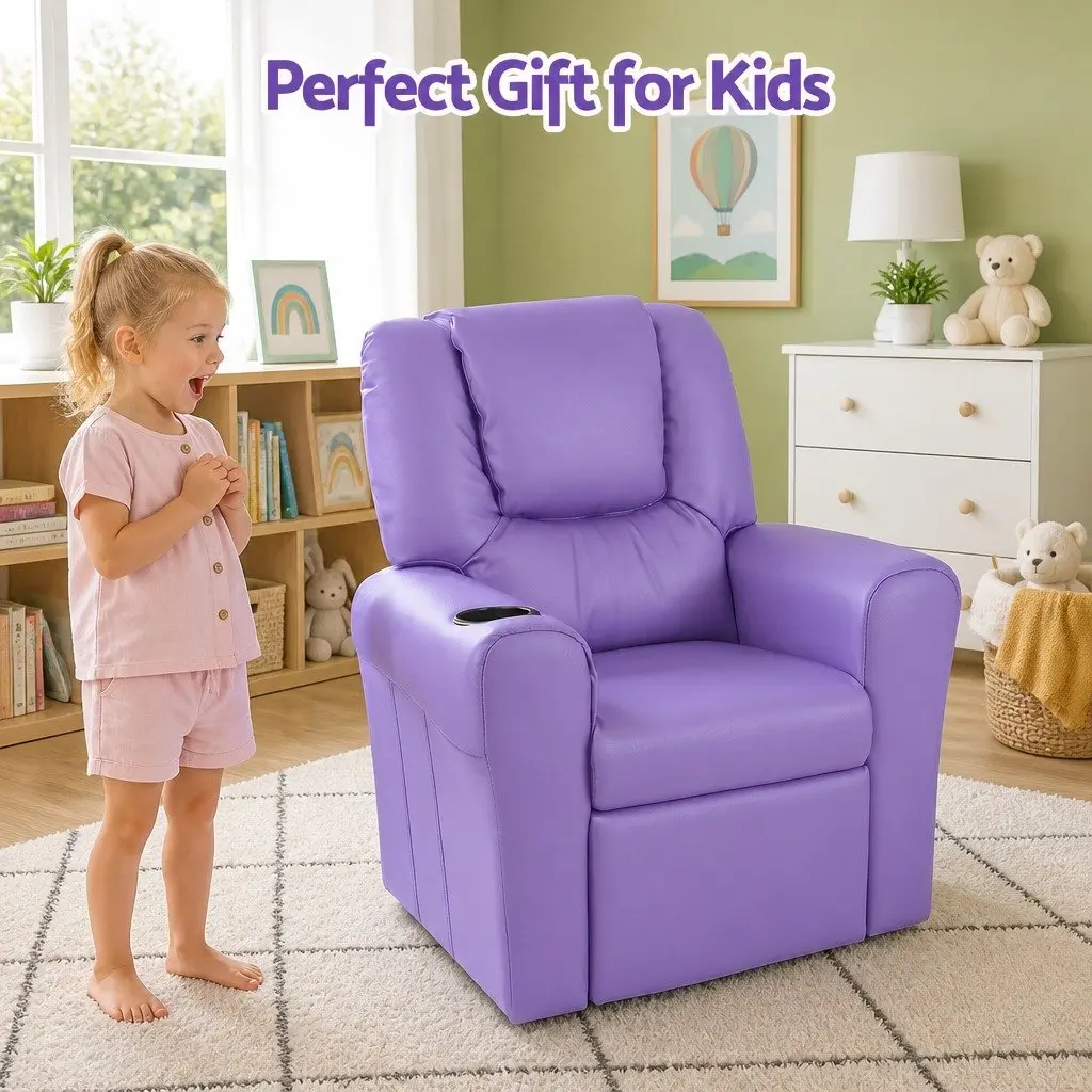 Kids Recliner Chair Purple PU Leather Sofa Lounge Couch 65 x 42 x 61cm