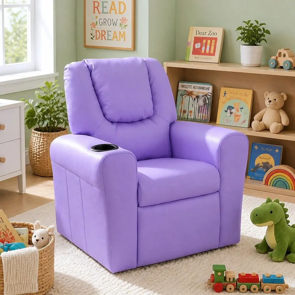 Kids Recliner Chair Purple PU Leather Sofa Lounge Couch 65 x 42 x 61cm