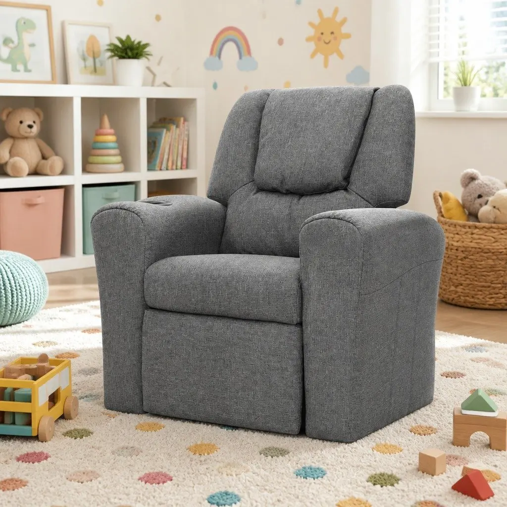 Kids Recliner Chair Grey Linen Armchair Lounge Sofa with Cup Holder