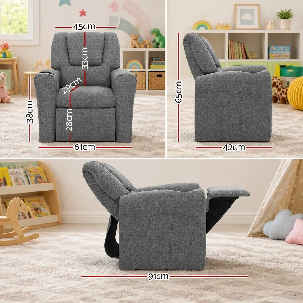 Kids Recliner Chair Grey Linen Armchair Lounge Sofa with Cup Holder