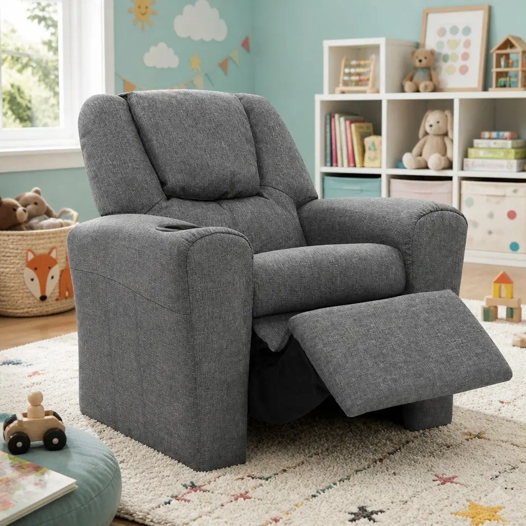 Kids Recliner Chair Grey Linen Armchair Lounge Sofa with Cup Holder