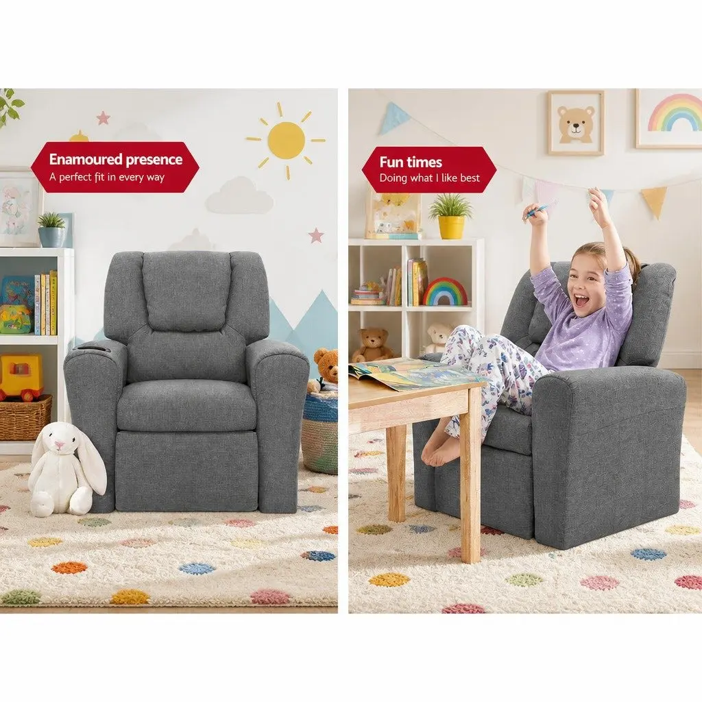 Kids Recliner Chair Grey Linen Armchair Lounge Sofa with Cup Holder