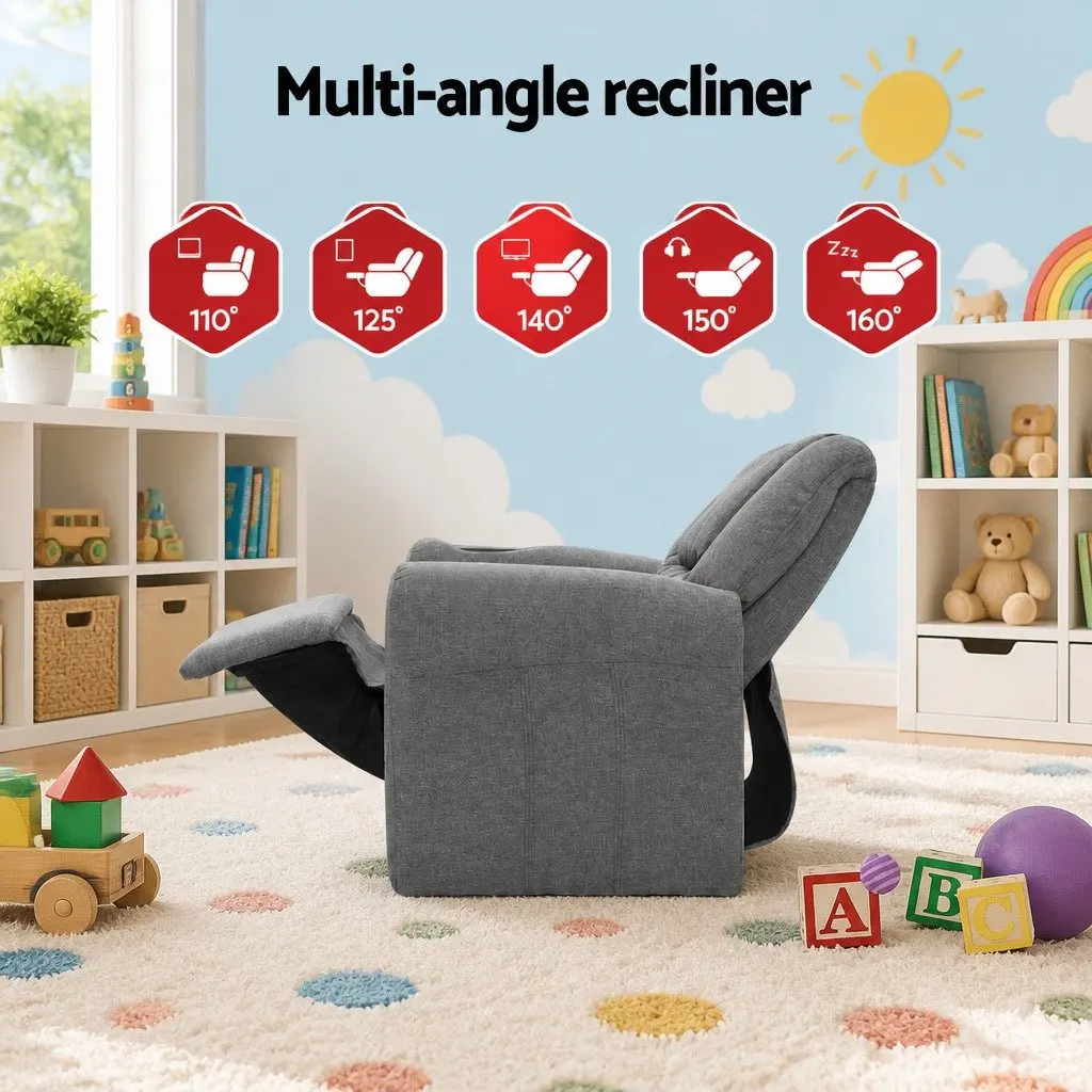 Kids Recliner Chair Grey Linen Armchair Lounge Sofa with Cup Holder