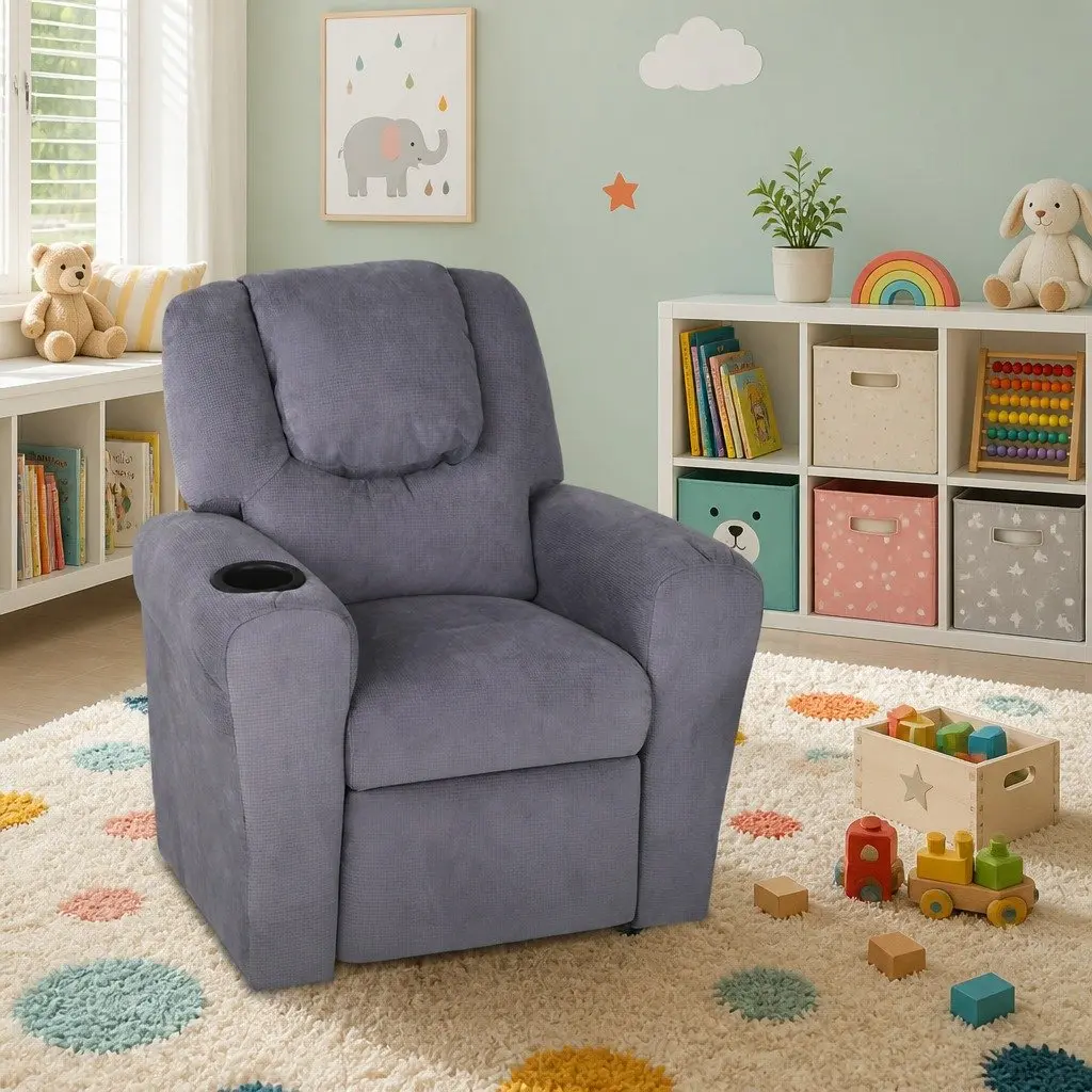 Kids Recliner Chair Grey Linen Armchair Lounge Sofa with Cup Holder