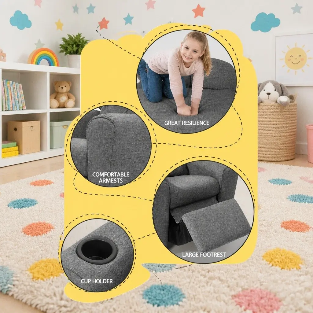 Kids Recliner Chair Grey Linen Armchair Lounge Sofa with Cup Holder