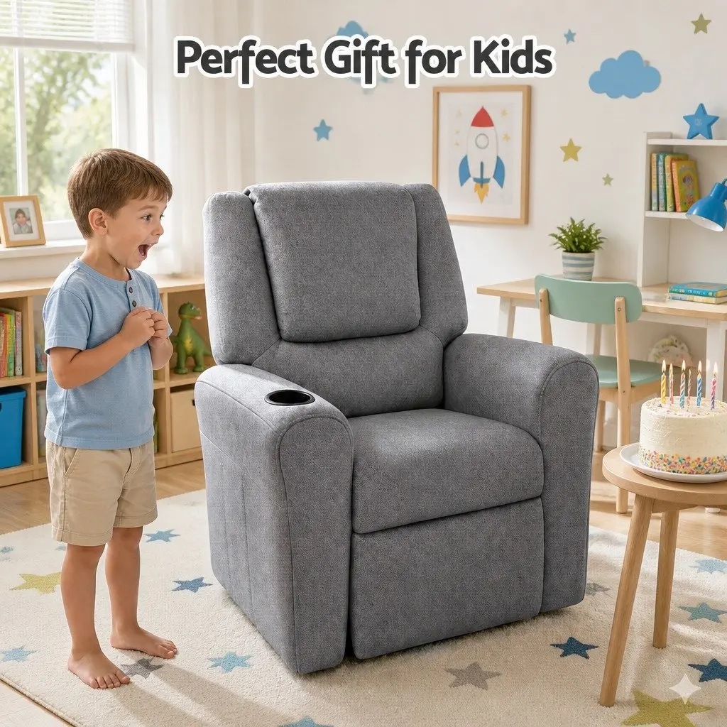 Kids Recliner Chair Grey Linen Armchair Lounge Sofa with Cup Holder