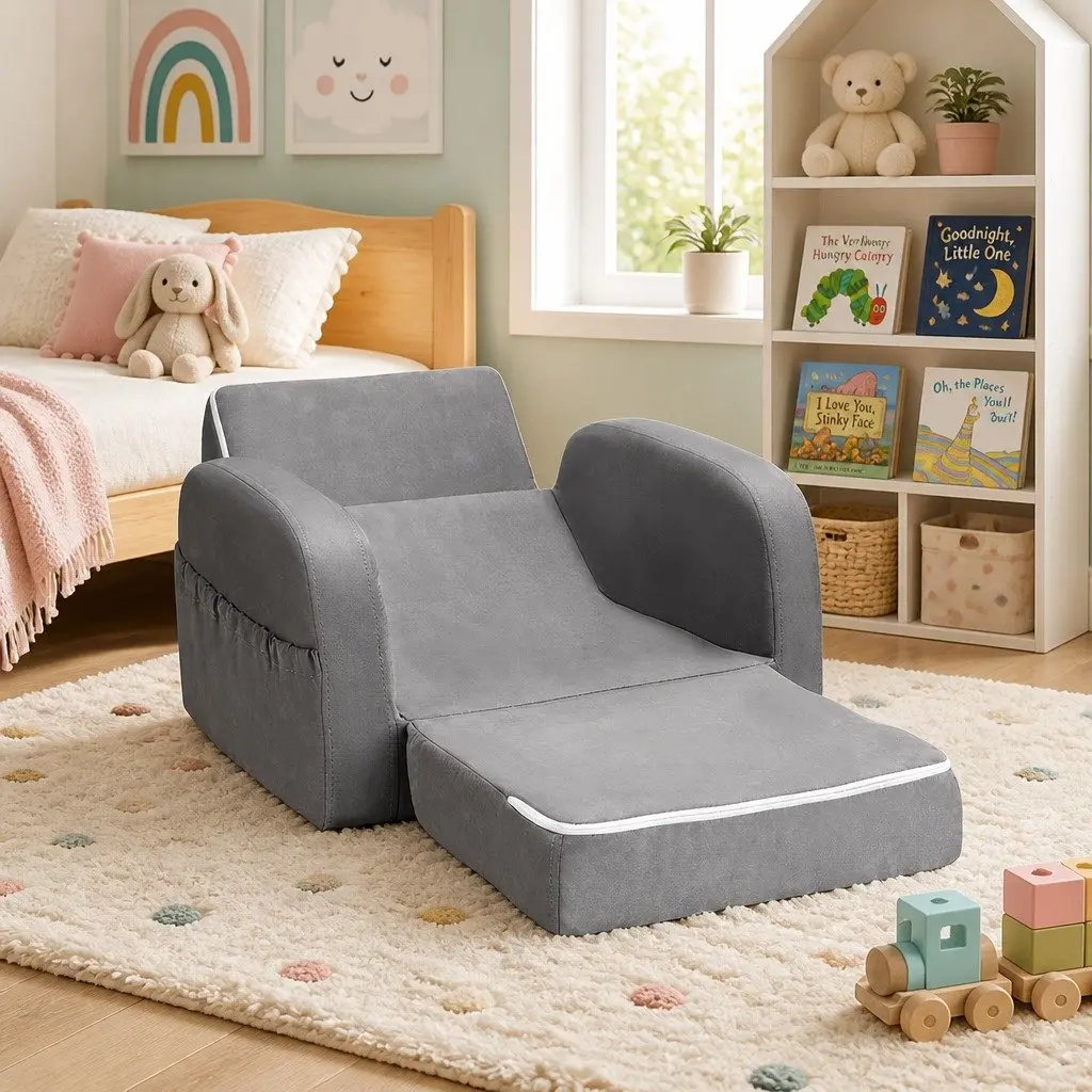 Kids Sofa 1 Seater Flip Open Couch Lounger Armchair Grey Children Furniture