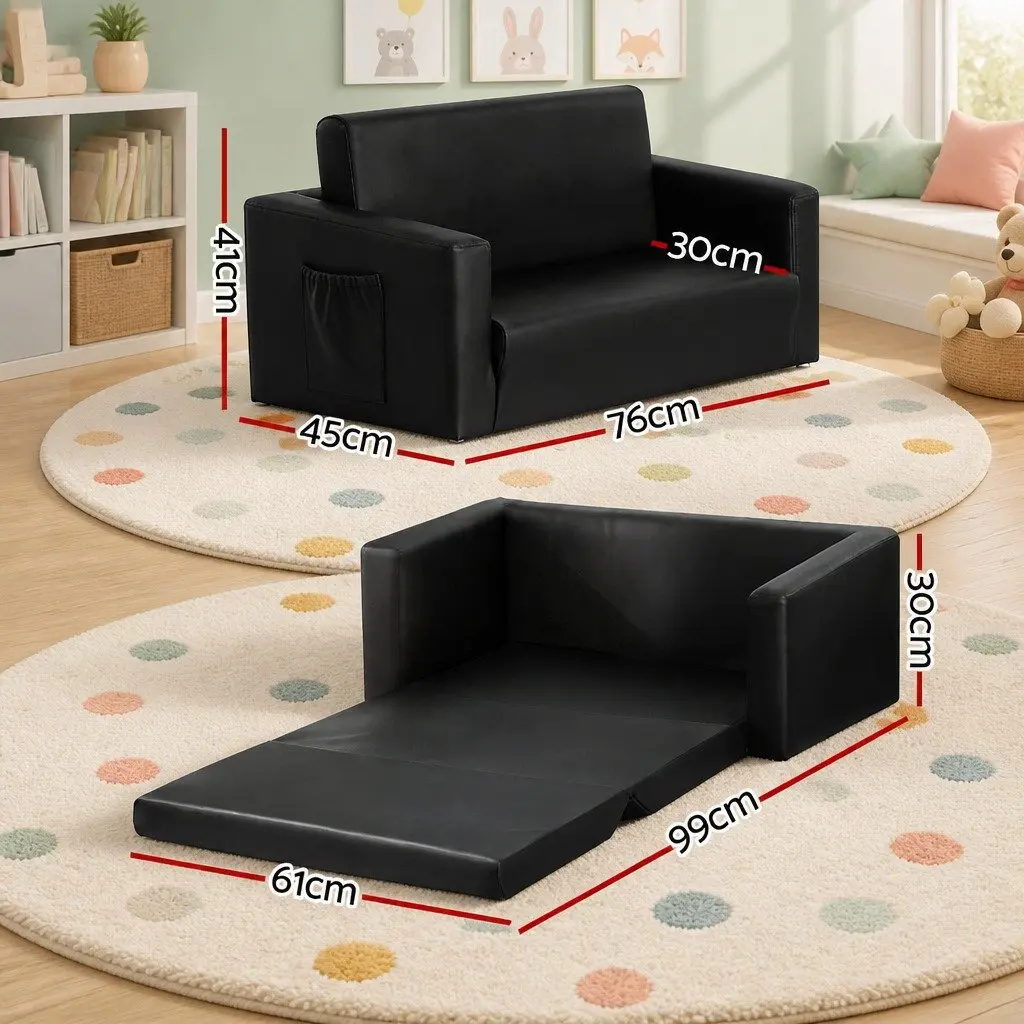 Kids Fold-Out Sofa Convertible Couch 2 Seater Black