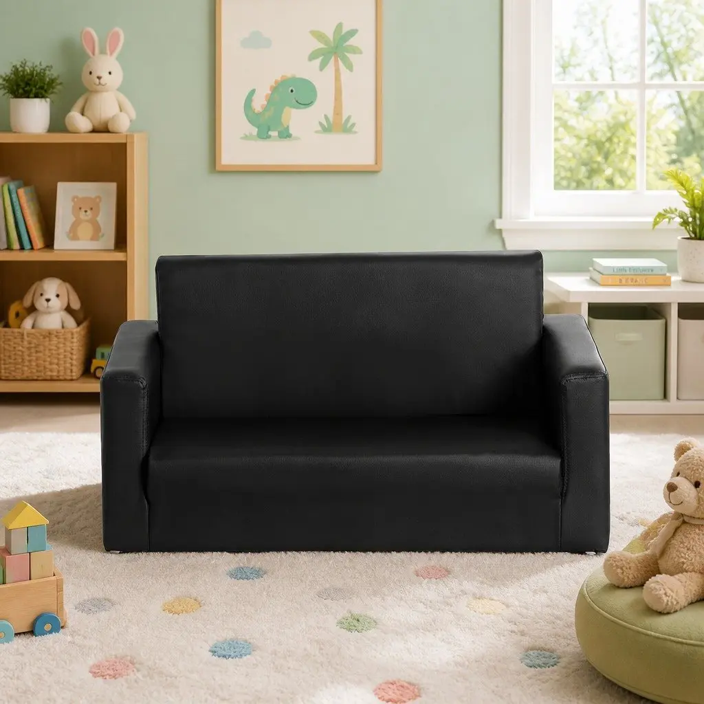 Kids Fold-Out Sofa Convertible Couch 2 Seater Black
