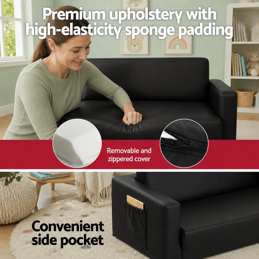 Kids Fold-Out Sofa Convertible Couch 2 Seater Black