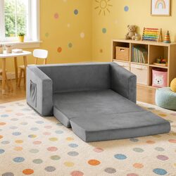 Kids 2 Seater Fold-Out Sofa Bed Convertible Couch Children Lounger Grey