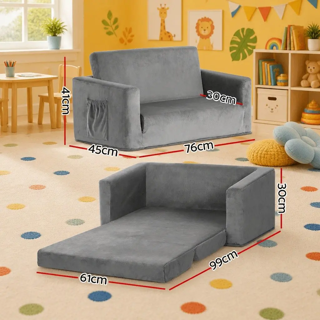 Kids Fold-Out Sofa Bed Convertible Couch Lounger Grey