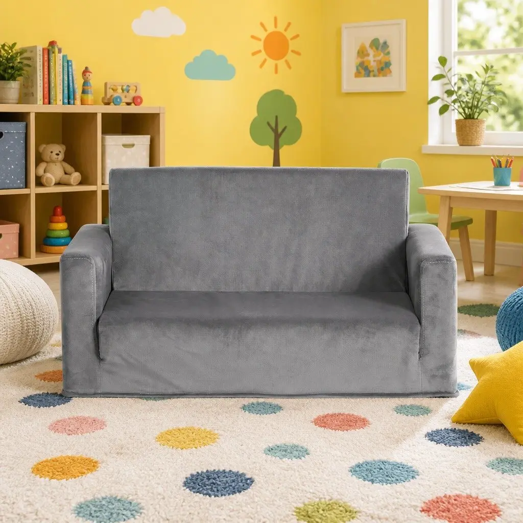 Kids Fold-Out Sofa Bed Convertible Couch Lounger Grey