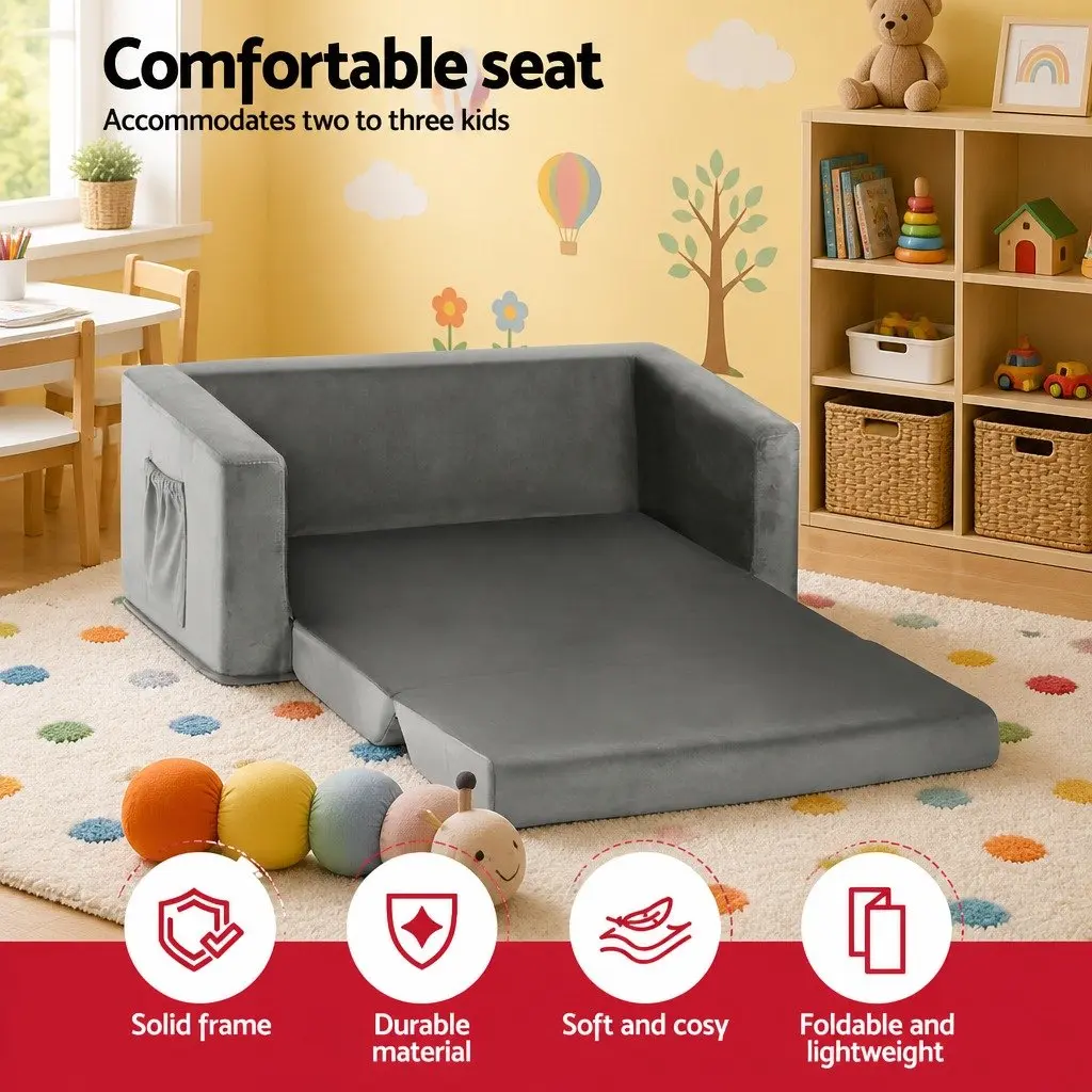 Kids Fold-Out Sofa Bed Convertible Couch Lounger Grey