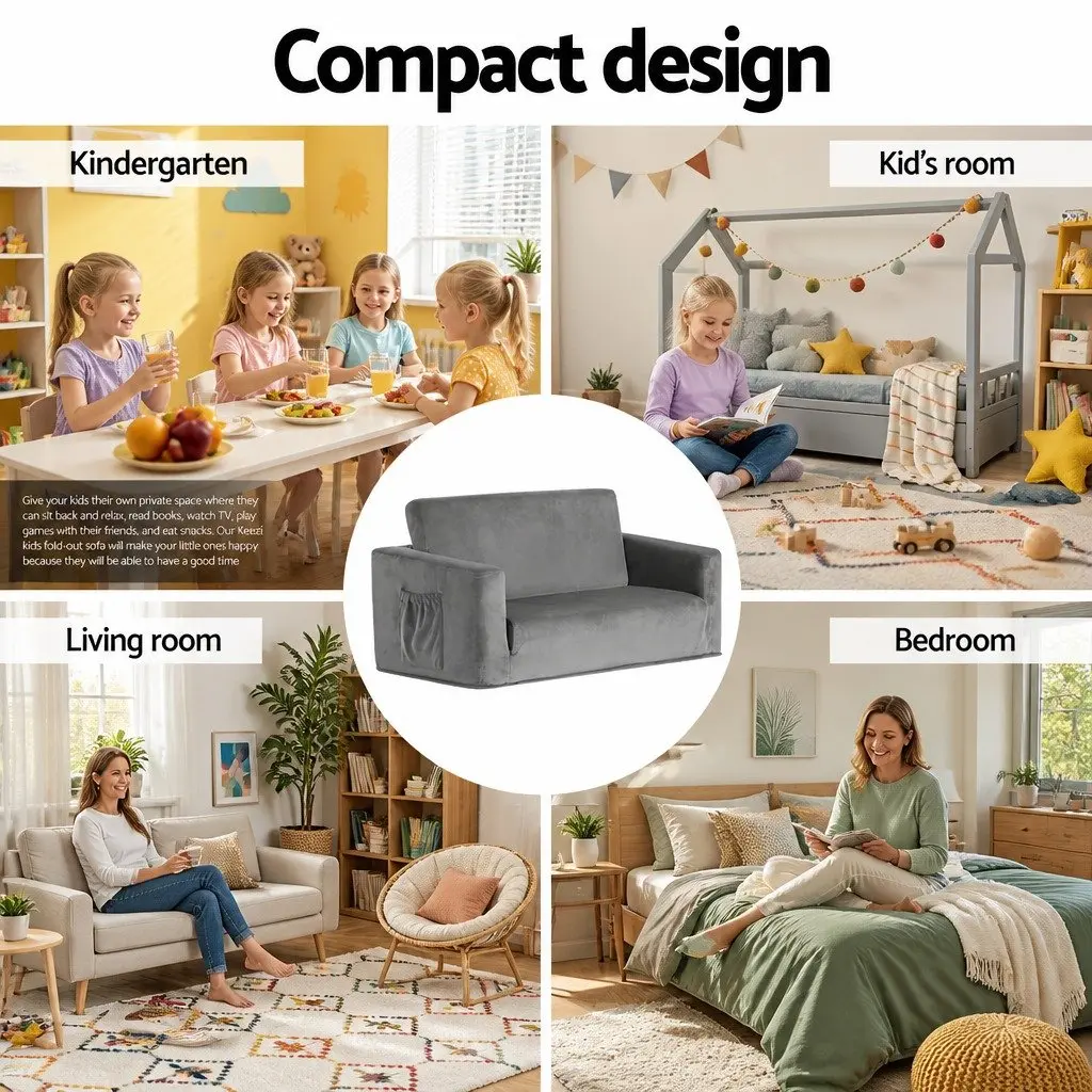Kids Fold-Out Sofa Bed Convertible Couch Lounger Grey