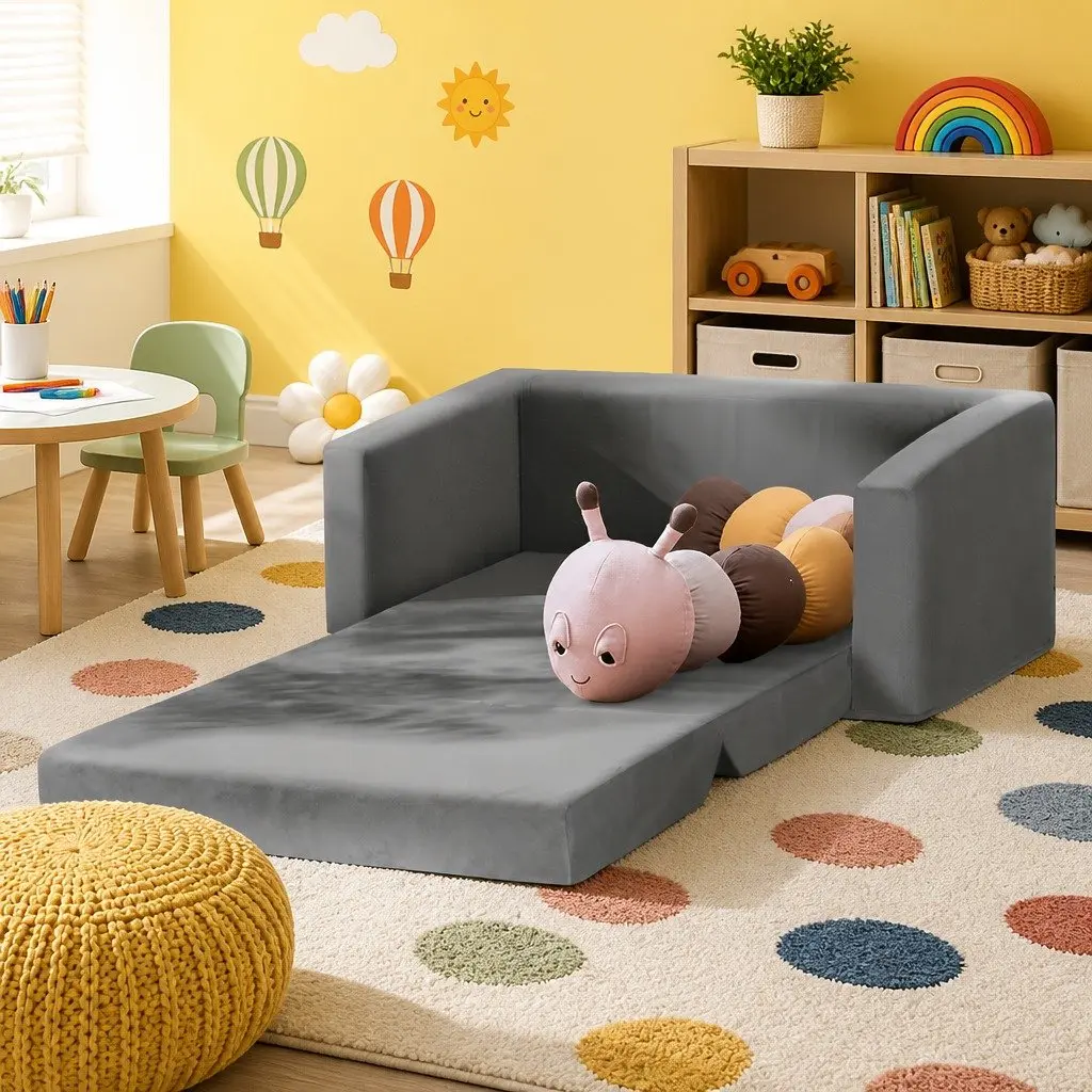Kids Fold-Out Sofa Bed Convertible Couch Lounger Grey